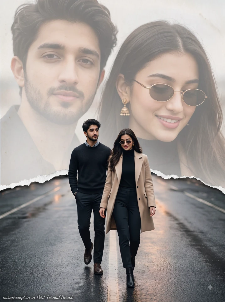 Paper tear collage double exposure couple prompt with woman in gold-rimmed sunglasses walking confidently on wet asphalt road generated using ChatGPT image prompt