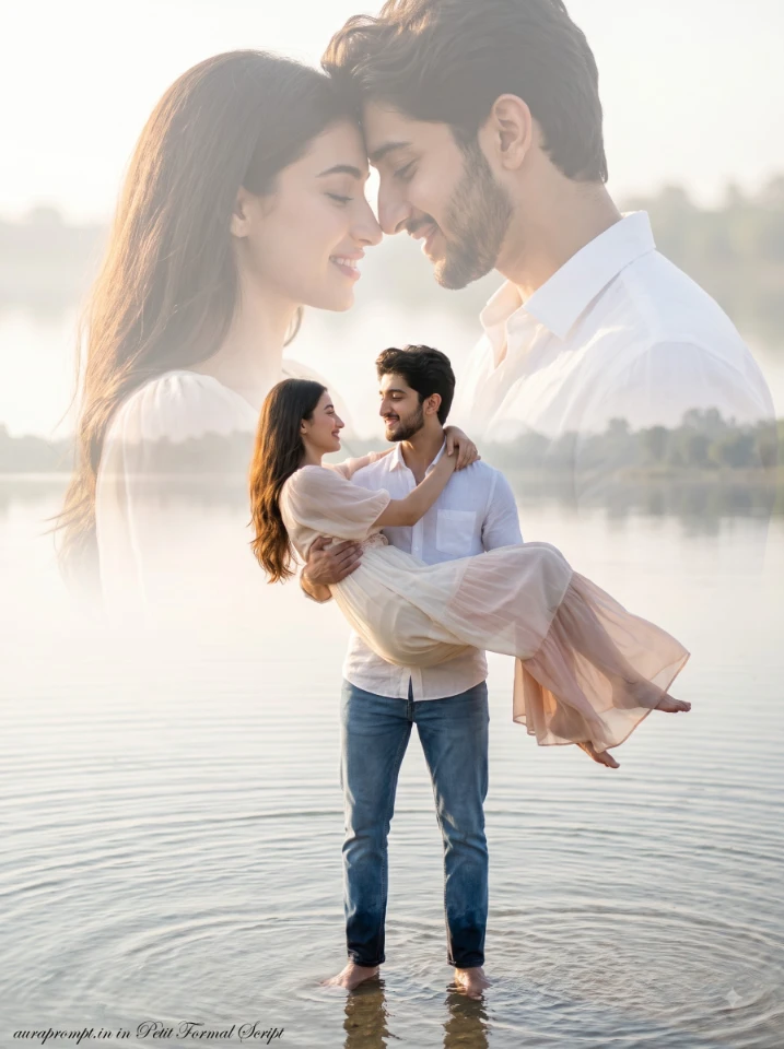 Gemini AI double exposure couple photo showing barefoot couple in shallow water with dreamy semi-transparent close-up overlay and soft misty warm lighting