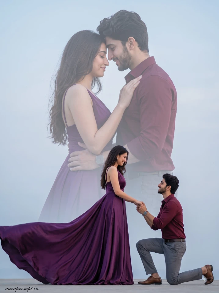 Romantic couple double exposure poster prompt showing proposal scene with purple silk gown flowing dramatically against soft pastel blue-gray minimalist sky background