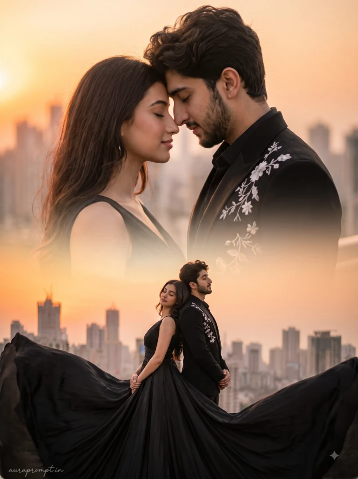 Double exposure couple prompt result with forehead touching pose, black gown and floral suit, warm sunset overlay blended cinematically in AI photo editing