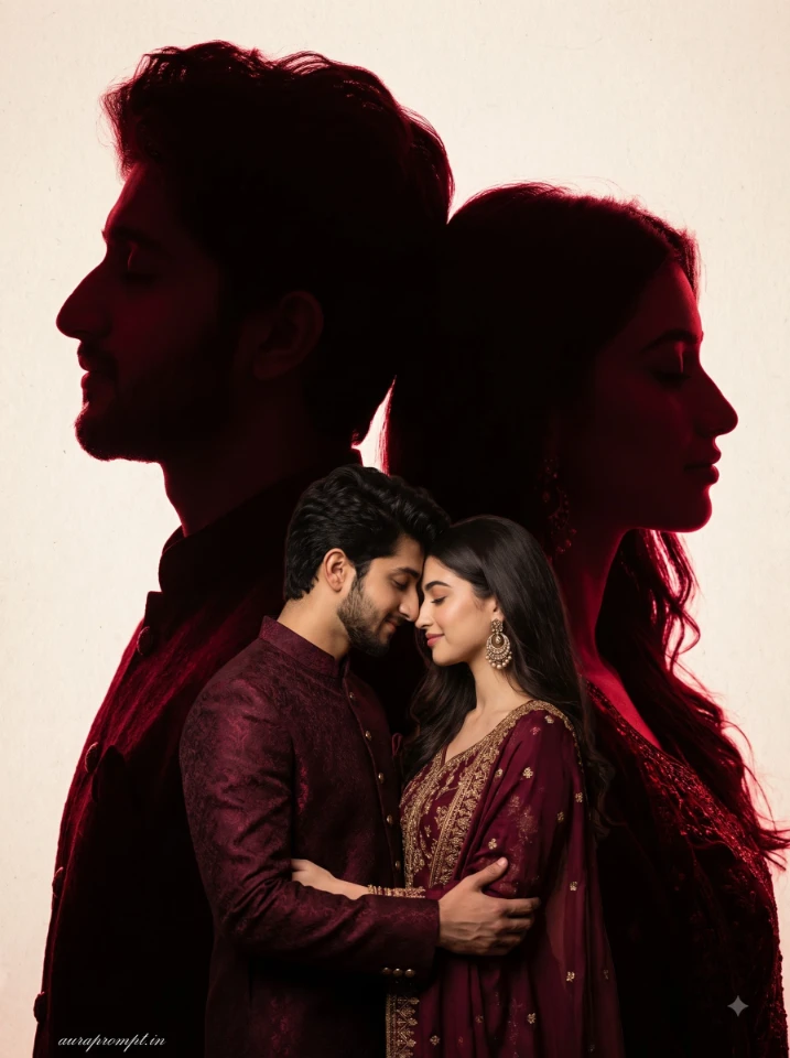 South Asian couple double exposure poster with enormous dark silhouettes and crimson rim light halo effect generated from uploaded reference photo in Gemini AI