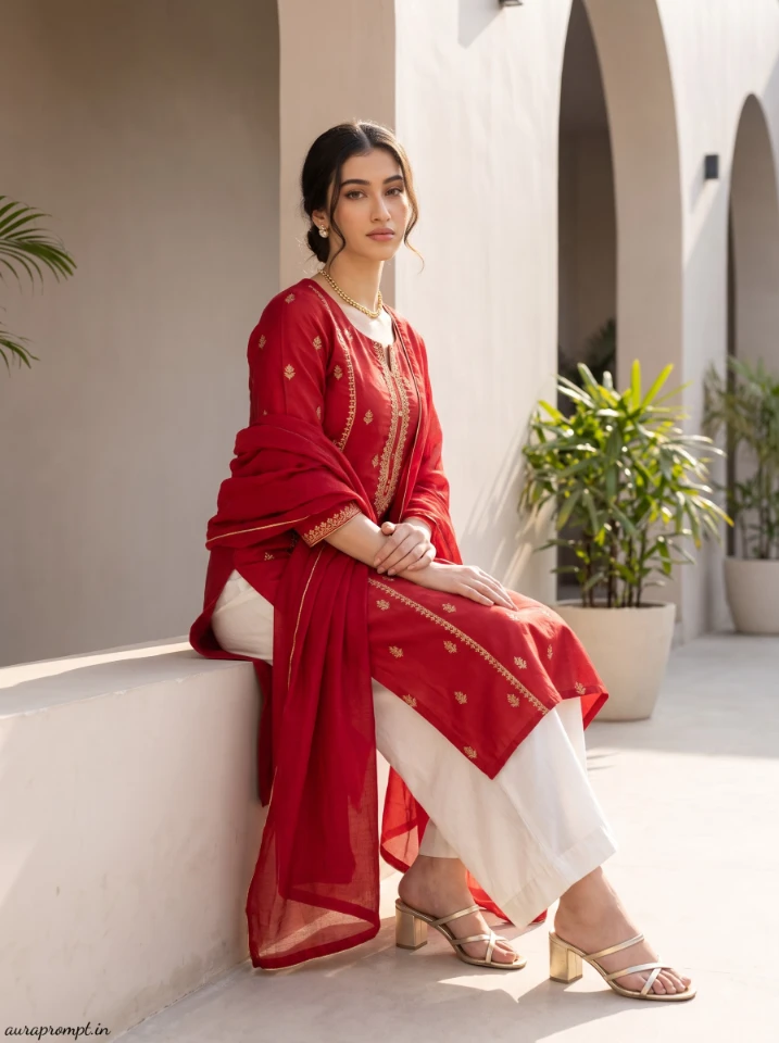 Young woman in red straight kurta with white wide leg trousers and gold heels, realistic AI kurti photo prompt, clean modern wall background.