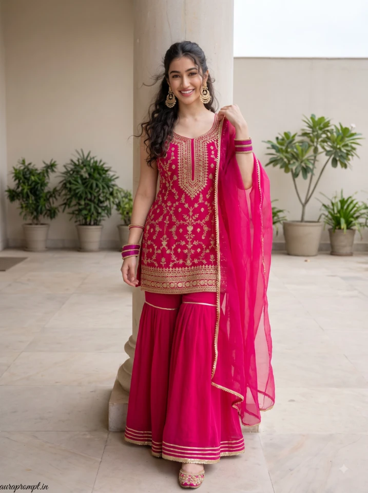 Indian girl in fuchsia sharara set with organza dupatta and chandbali earrings, AI photo prompt for girls in kurti, smooth stone floor background.