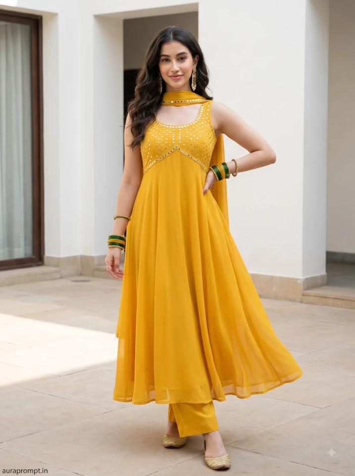 Indian girl in yellow Anarkali kurta with gold bangles and mojari flats, AI generated Gemini kurti photo prompt, symmetrical stone flooring background.