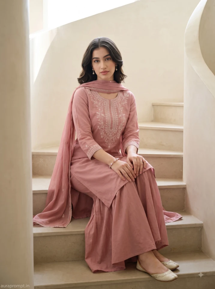 Young woman in dusty pink straight kurta with sharara pants and juttis, facing camera with calm confident expression, traditional outfit AI prompt Gemini.