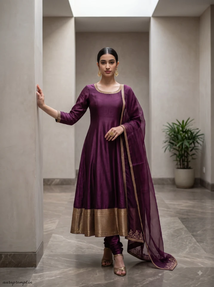 Girl in plum silk Anarkali with gold zari border, looking directly at camera, Gemini AI kurti prompt, soft architectural setting with green plants.