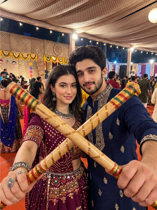 Navratri Dandiya couple AI photo prompt with wine chaniya choli and navy kediyu at a traditional Gujarati Garba venue with crossing sticks in foreground