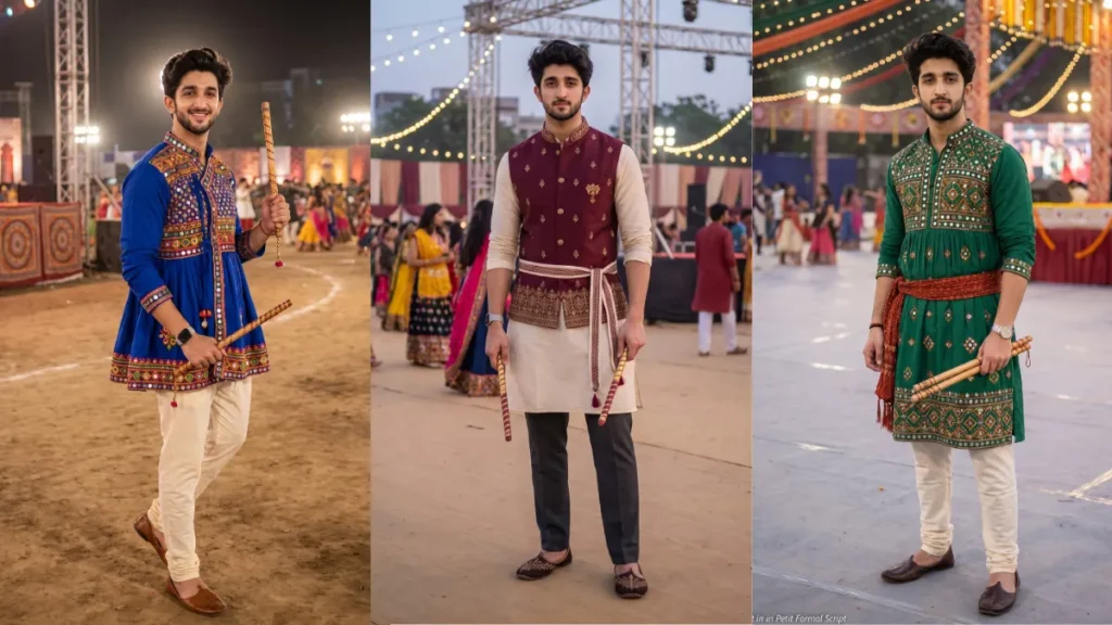 Trending Navratri photo prompt for boys Copy paste Garba night looks with real kediyu outfits, face lock and festival lighting.
