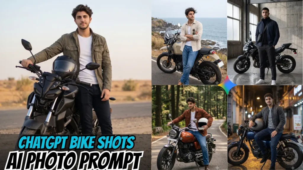 Indian man in black leather jacket leaning on a sports motorcycle using a ChatGPT prompt for photo editing in a cinematic editorial style