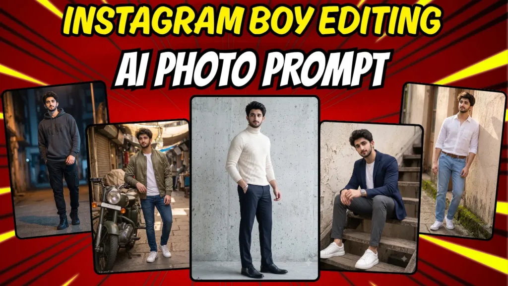 Collage of 5 viral instagram boy photo editing prompt results generated with Gemini Nano Banana Pro showing editorial lifestyle portraits of Indian boys in 2026